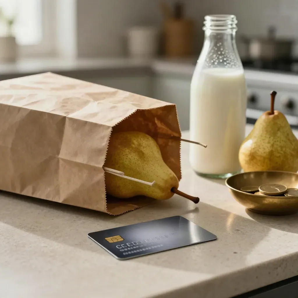 Cashback card beside groceries on a stone counter, bag slumping open in soft window light