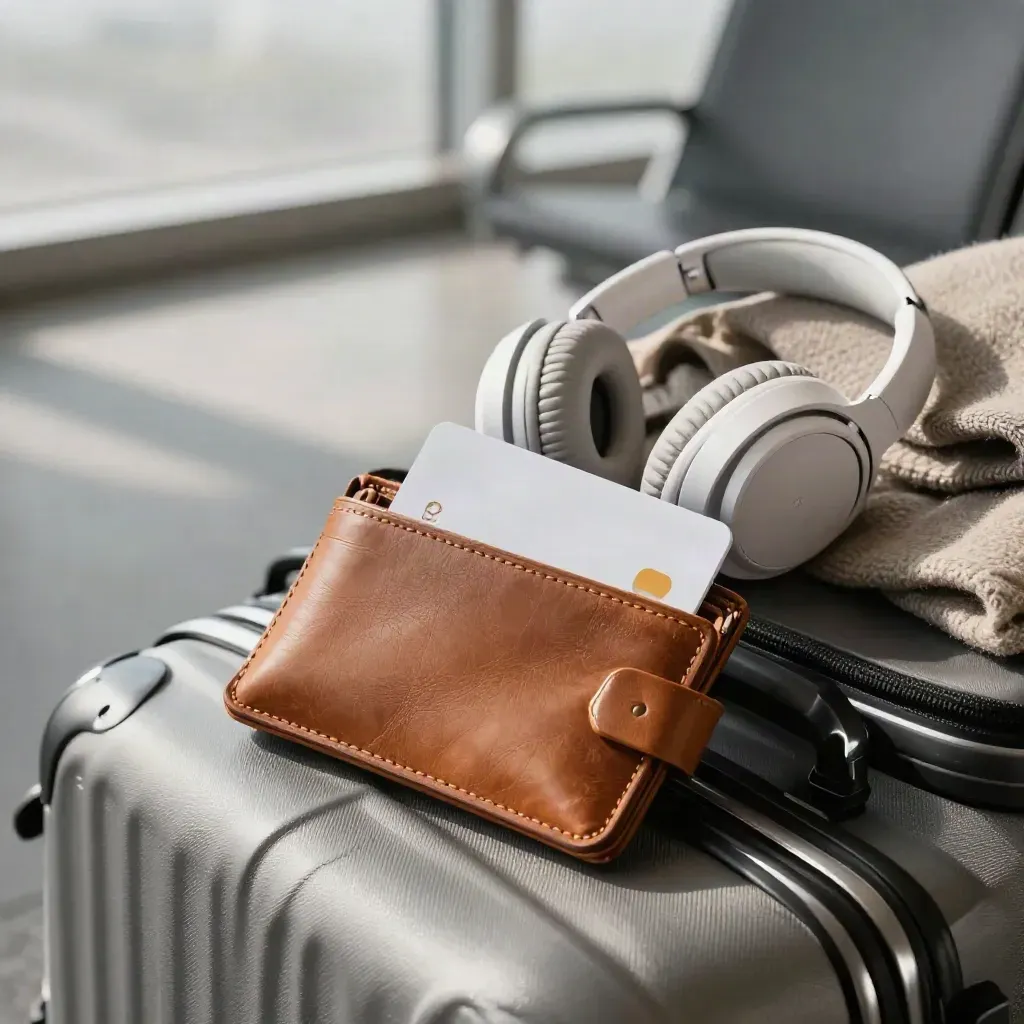 Leather travel wallet with a travel card beside suitcase corner, headphones case and scarf in an airport lounge