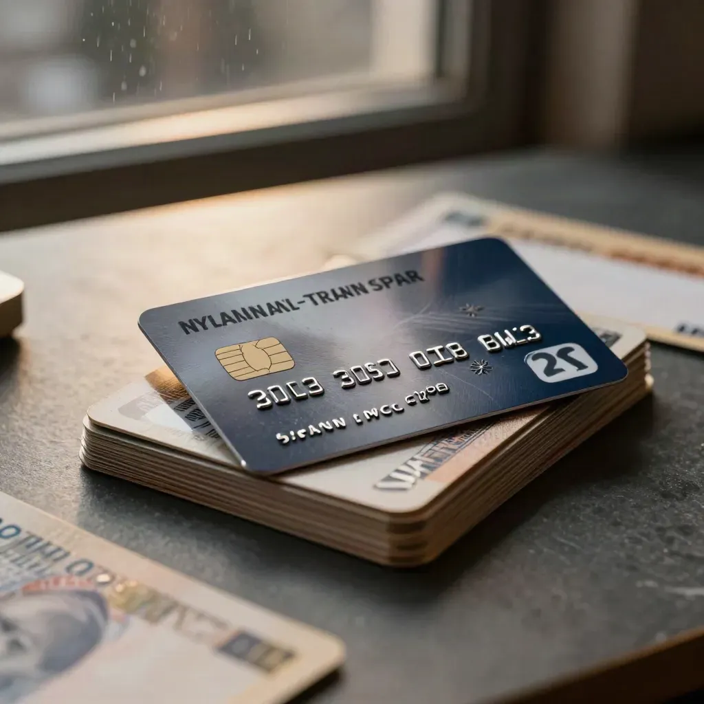 Navy balance-transfer card over worn bank cards and mail on a slate desk by an open window at night.