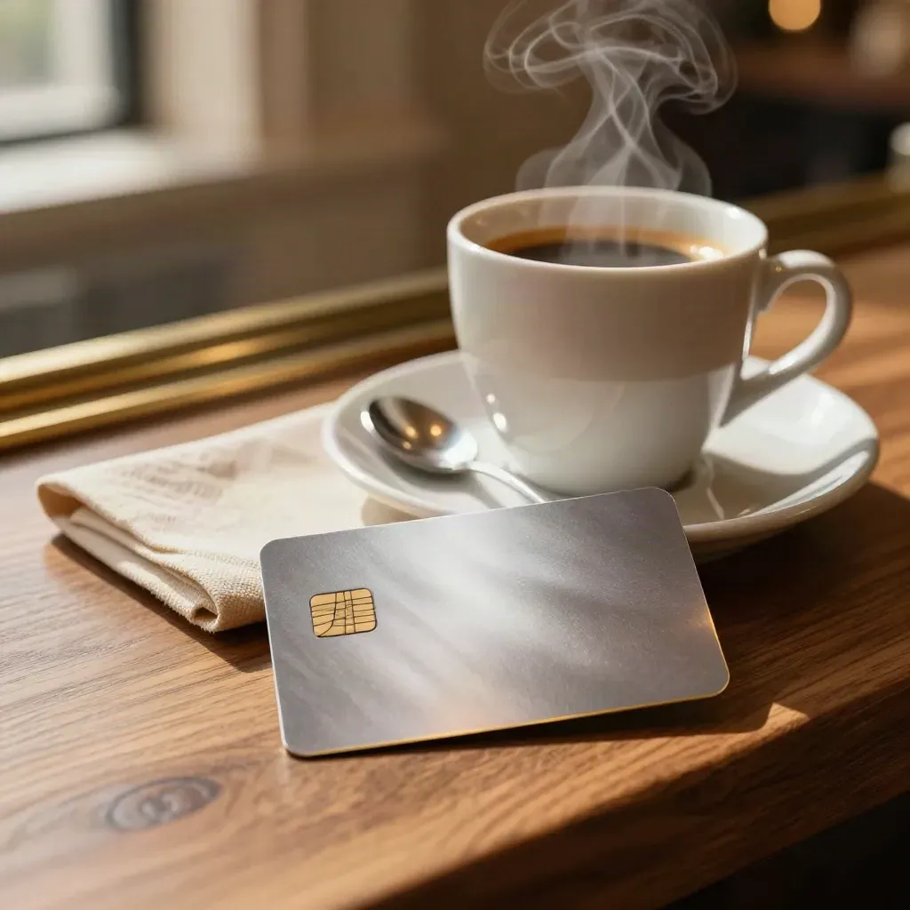 Cashback card beside espresso cup and linen on a warm hotel breakfast bar, lit by morning sun.
