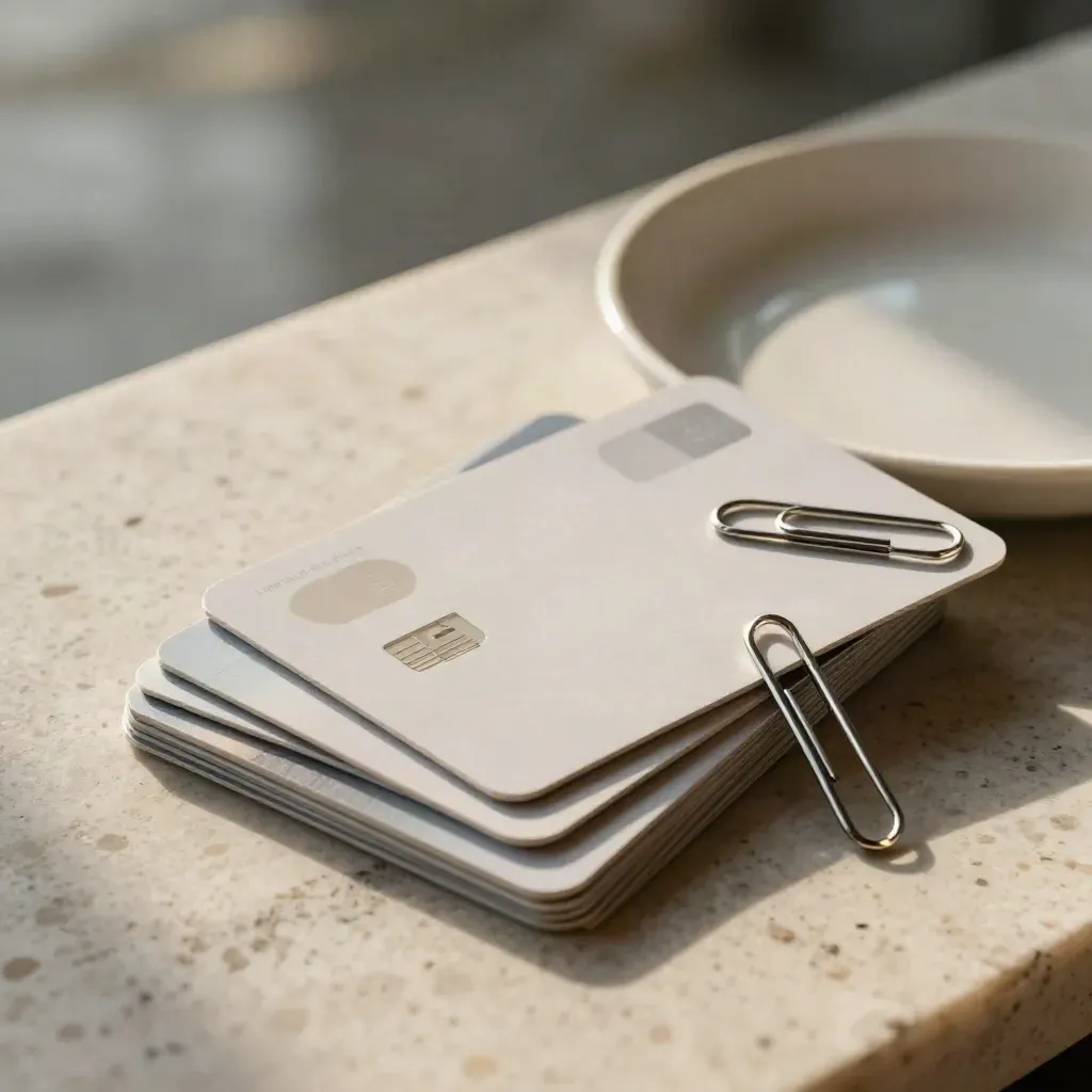 Top-down balance transfer cards on travertine beside a paperclip and cream dish.