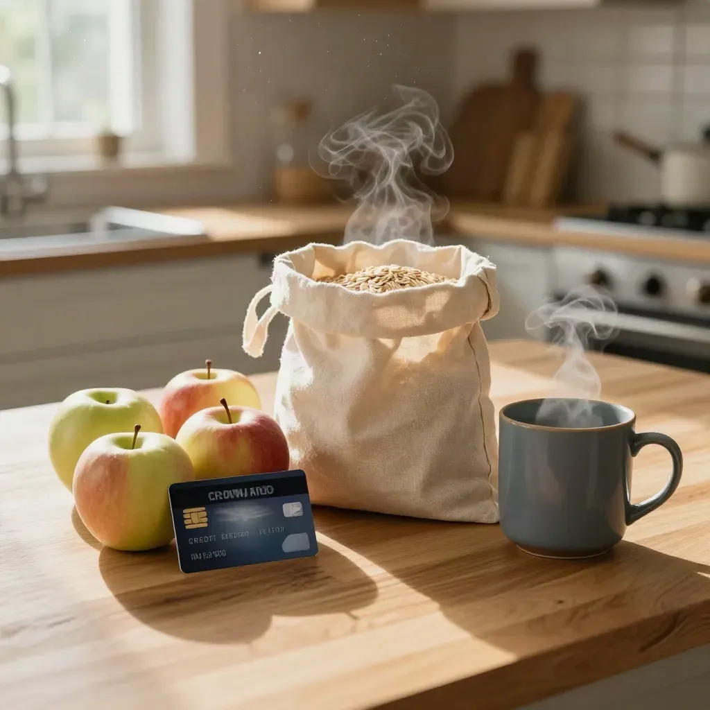 Navy credit card beside apples, oats, tote and steaming mug on a bright oak kitchen island.