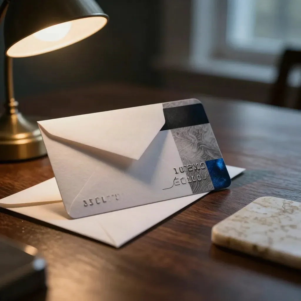 Transfer card, envelope edge, brass clip and stone coaster on a dark desk under mixed warm and cool light.