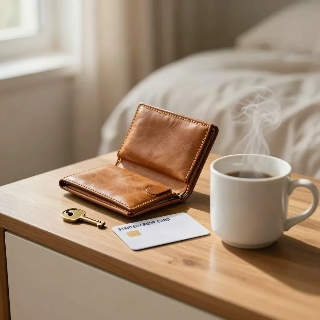 Starter card, open leather wallet, house key and steaming mug on a bedside table.