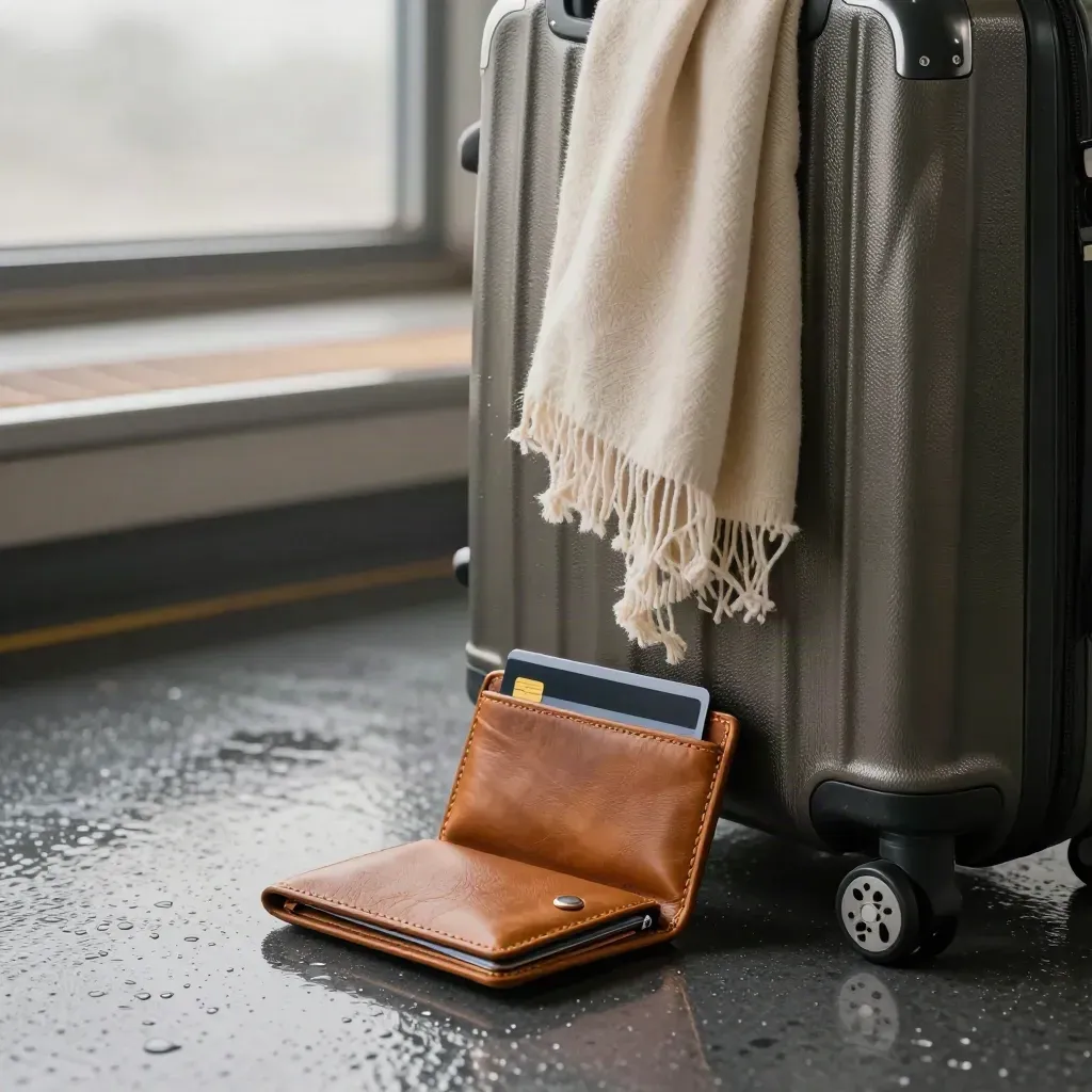 Travel card, leather wallet, scarf and suitcase at a misty station window in morning light