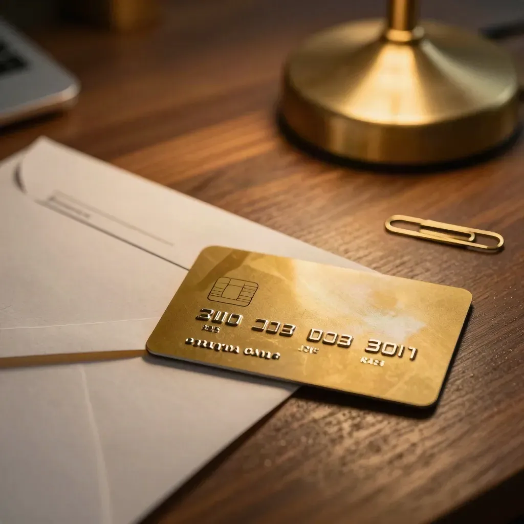 Gold credit card beside opened envelope and brass clip on a warm desk, lit by a lamp