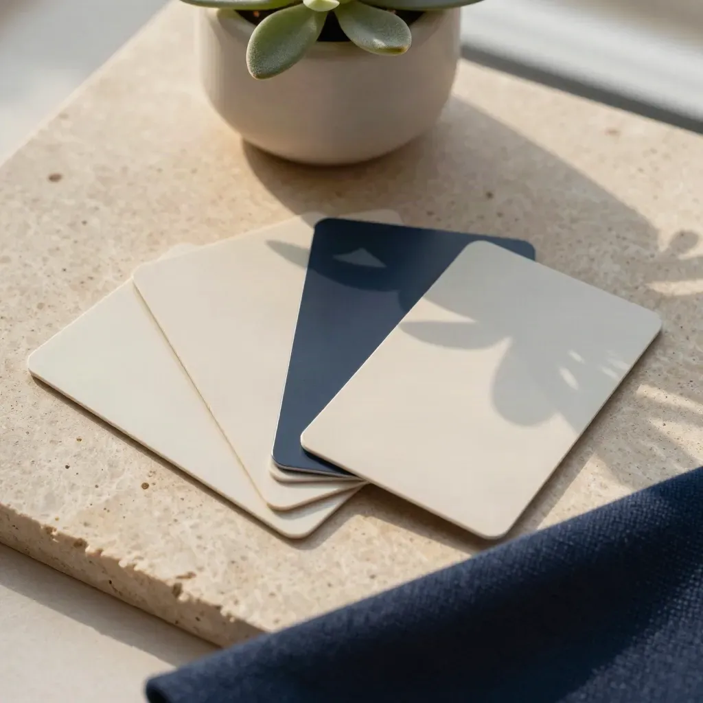 Four blank cards fan on pale stone with a small plant and folded navy cloth.