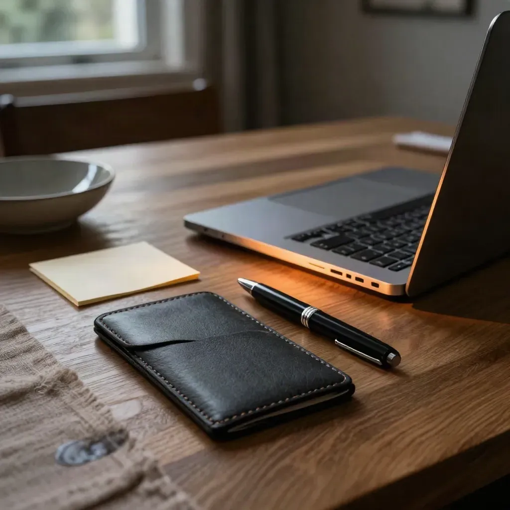 Slate card sleeve, pen, laptop and folded note card on a warm dining table in soft evening light.