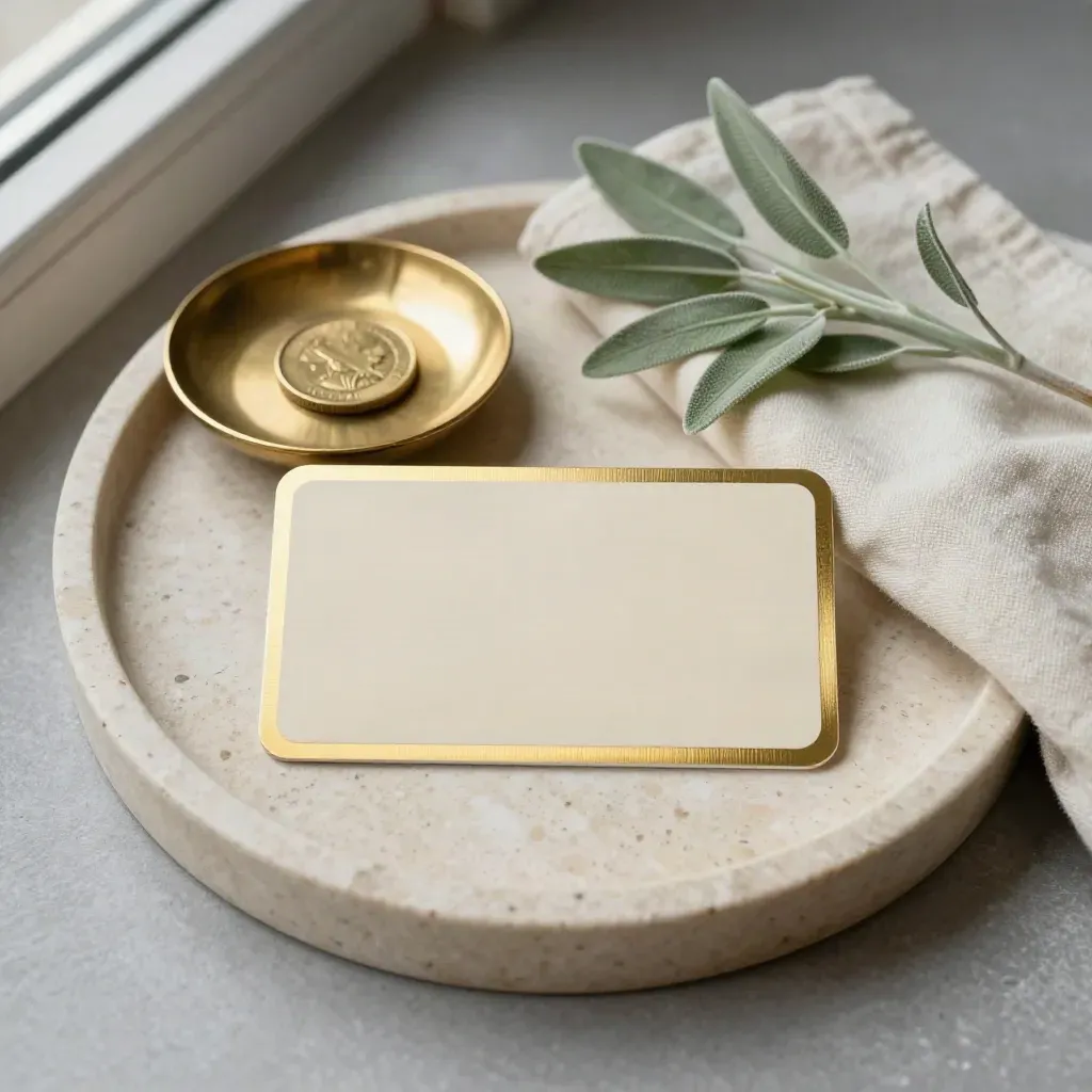 Overhead cashback card still life with brass dish, linen cloth, and trailing plant on travertine.