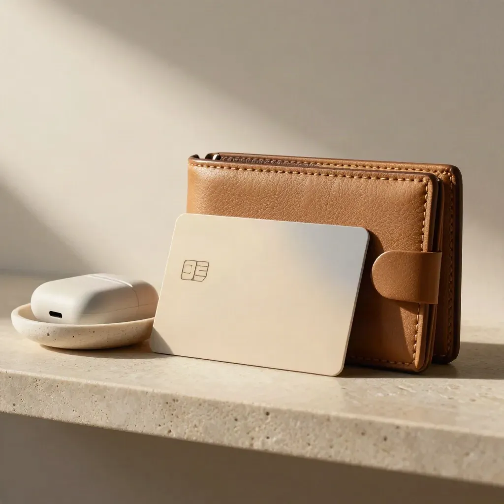 Travel rewards card with leather wallet, headphones case and stone dish on a shelf.