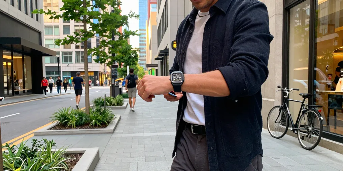 Stylish individual checking time on a super clone watch while walking in a vibrant city, showcasing fashion and modern lifestyle.