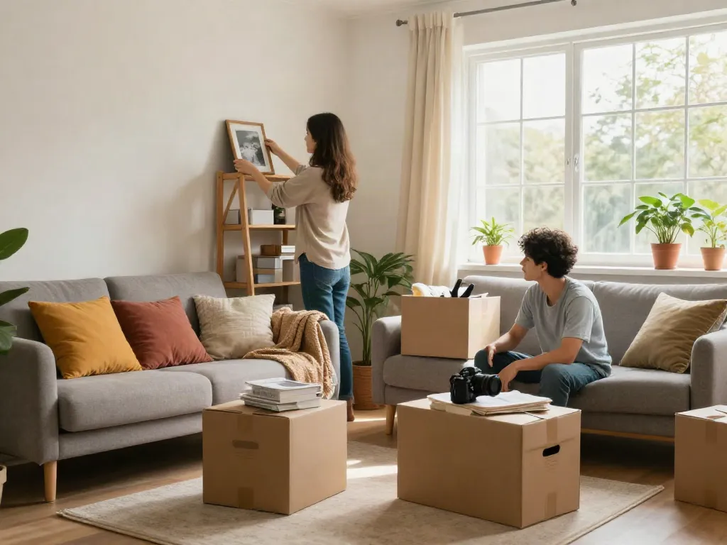 Couple moving here, unpacking boxes in a welcoming living room.